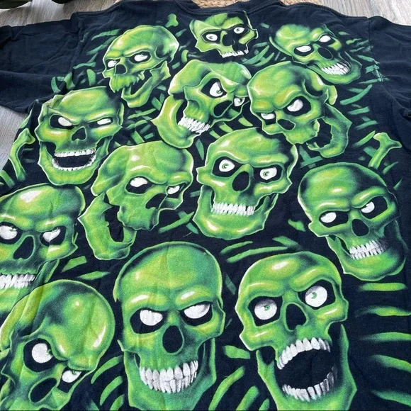 Liquid Blue Authentic Green Skull Print Black T Shirt Large Adult Vintage 2001 - Picture 10 of 16